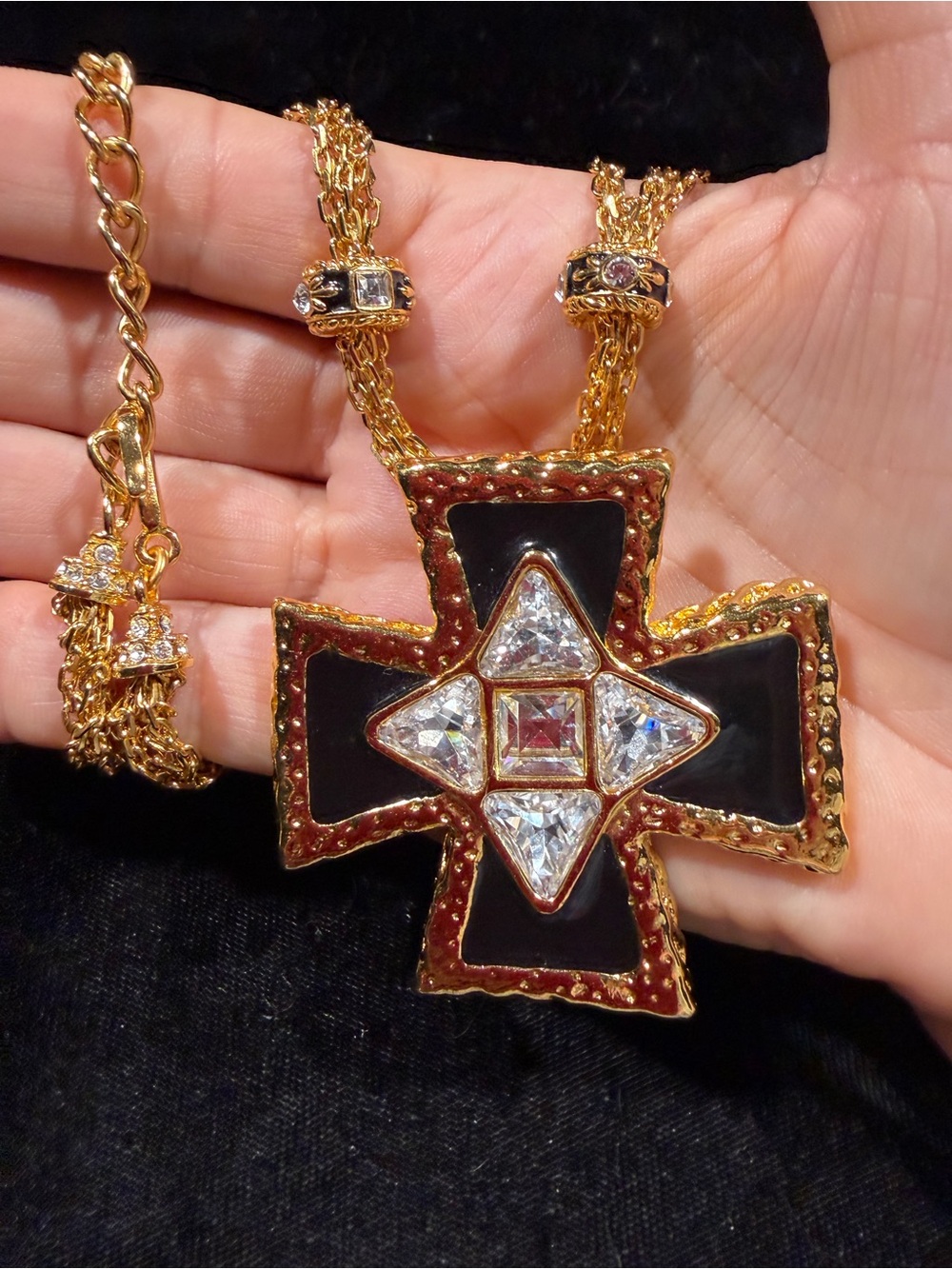 Vintage St John 80s Goldtone Black Maltese Gorgeous Ornate Cross Brooch Necklace